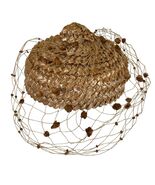 Vintage 1950s Debbie Raffia Hat with Pom-Pom Veil Net Honey Brown Pillbo... - $49.99