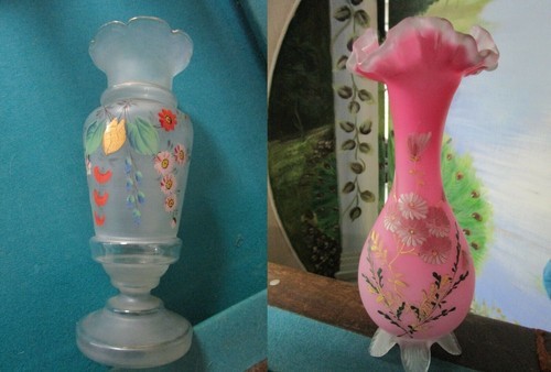 ANTIQUE VICTORIAN  BRISTOL GLASS VANITY VASE HAND PAINTED BEIGE PINK PICK 1 - $63.00