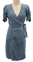 Madewell Chambray Wrap Dress Womens XXS Ruched Sleeves Tie Waist Lightwe... - $14.84