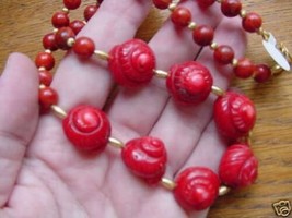 (v24) Red Bamboo + Sponge Coral Beads Sea Shells Gem Bead Necklace Jewelry - $40.19