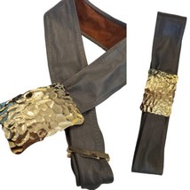 Vintage 80s Hammered Gold Gray Leather Statent Belt Up To 29&quot; - £22.86 GBP