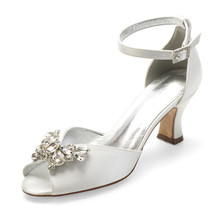 Mid Heels Satin Crystals Wedding Bridal Shoes Women Peep Toe Ankle Buckle Strap  - £78.99 GBP