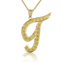 10k Solid Yellow Gold Cursive Initial Letter T Pendant Necklace - £105.39 GBP+