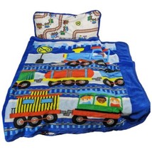 Kids Sleeping Bag Trains Boy Blue With Pillow Roll Up Fleece 3-4 Year Toddler - $34.65