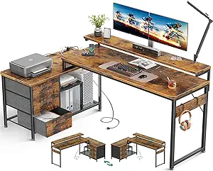 70 Inch L Shaped Computer Desk With Power Outlets &amp; Usb Charging Ports, Reversib - £289.76 GBP