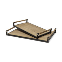 Set Of 2 Light Brown Wood With Matte Black Metal Frame And Two Handles Trays - £140.68 GBP