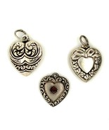 Three Set of antique Sterling Repousse Carved Ornate Hearts with Garnet ... - $1,592.83 MXN