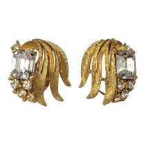Vintage BSK Gold Tone Rhinestone Clip Earrings Feather Brushed White Stones - £9.10 GBP