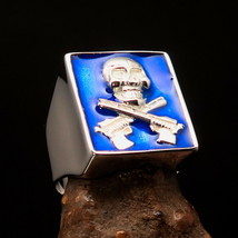Excellent Hitman Ring blue Jolly Roger Skull crossed Auto Guns - Sterling Silver - £68.15 GBP