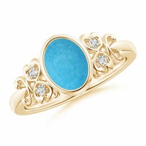 Vintage Style Oval Turquoise Ring with Diamonds in 14K Yellow Gold Size 6.5 - £680.94 GBP