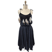 80s 90s VTG Black Sun Dress Fringe &amp; Feathers 100% Cotton Sz S NWOT - $77.22