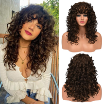 LONAI Curly Wig with Bangs for Women Long 23Inch Chocolate Brown Kinky Wigs with - £28.63 GBP
