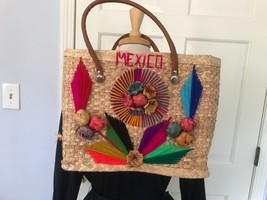 Vintage Large Woven Straw Tote Bag w/ Raised Raffia Flower Embroidery - ... - $21.78