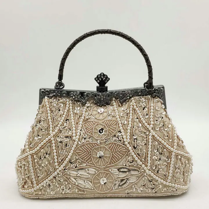 Women Beaded Evening Purses Vintage Chinese Style Champagne Wedding Handbags Lad - $89.56