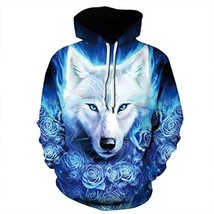 Volanic Unisex 3D Graphic Long Sleeve Hoodie - Blue Rose Wolf - Size: L ... - £12.87 GBP