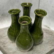 Vintage Pottery Crazed Green Finger 7” Vase Four Vessel MCM RARE - $178.19