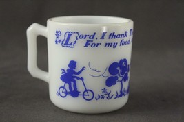 Vintage Kitchen Glass Hazel Atlas Blue Child&#39;s Prayer Coffee Mug Milk Glass - £8.86 GBP