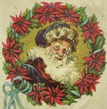 Blue Coat Hat Brown Fur Santa Claus Poinsettia Wreath Antique Christmas Postcard - £7.00 GBP