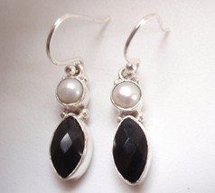 Faceted Black Onyx Marquise &amp; Cultured Pearl 925 Sterling Silver Dangle ... - £17.97 GBP