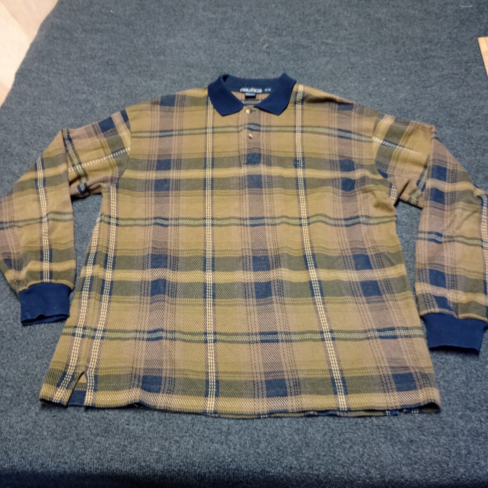 VTG Nautica Polo Golf Sweater Adult Medium Brown Plaid Knit Soft Collared - $17.05