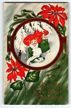 New Years Day Postcard Girls With Mushroom Hats Muff 1911 Holiday Greetings - £19.87 GBP