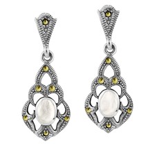 Vintage Fashion White Mother of Pearl Marcasite and Sterling Silver Earrings - £17.72 GBP