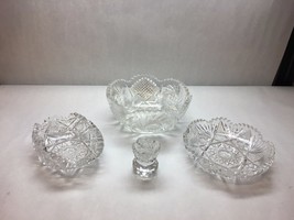 Vintage American Brilliant Bowl 2 Candy Dishes 1 Toothpick Holder Hobstar Fan - £77.39 GBP