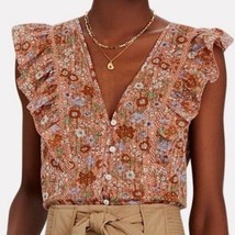 $295 NWT Veronica Beard Araya Floral Peplum Top 4 Coral Boho ruffle button Blous - £67.63 GBP