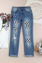 Mid Waist Checkered Patchwork Distressed Jeans - $64.89