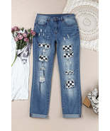 Mid Waist Checkered Patchwork Distressed Jeans - £51.32 GBP