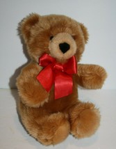 Aurora Plush Teddy Bear 11&quot; Stuffed Golden Honey Brown Red Bow Soft Toy Stuffed - $10.70