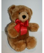 Aurora Plush Teddy Bear 11&quot; Stuffed Golden Honey Brown Red Bow Soft Toy ... - £8.54 GBP