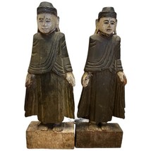 Antique Vintage Burmese Wooden Hand Carved Figurines Monks Men Pair Old ... - $147.00