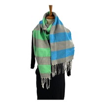 Steve Madden Colorblocked Buffalo Check Blanket Scarf Grey with Green Blue New - £14.58 GBP