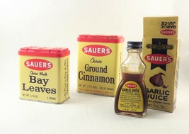 Lot Sauer&#39;s Spice Tins Vintage 1970s Herbs Bay Leaf Garlic Juice Bottle Cinnamon - £14.33 GBP