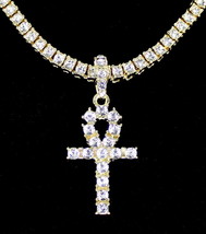 Iced Ankh CZ Pendant Medallion Tennis Necklace 14k Gold Plated Hip Hop Jewelry - £6.88 GBP+