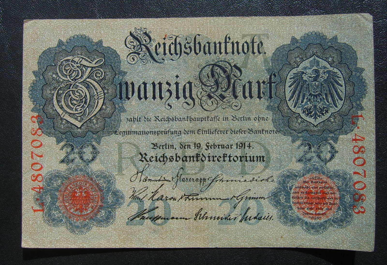 Germany German Empire 20 Mark 1914 7 digit # Ser. L 4807083 banknote - $8.28