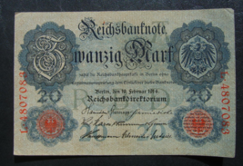 Germany German Empire 20 Mark 1914 7 digit # Ser. L 4807083 banknote - £6.60 GBP