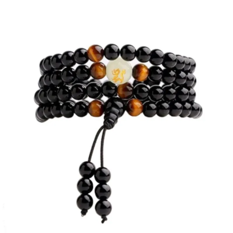 6/8mm Luminous Obsidian Bracelet Yoga Black Onyx Men Women 108 Buddha Beads Men  - £15.50 GBP