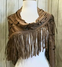 Faux Suede Camel Shawl, Open Cut with Bottom Hippie Fringe - $35.30