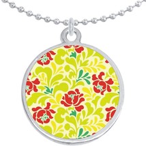 Green and Red Flower Pattern Round Pendant Necklace Beautiful Fashion Jewelry - £8.48 GBP