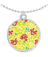 Green and Red Flower Pattern Round Pendant Necklace Beautiful Fashion Jewelry - $16.88