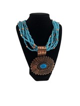 Turquoise Colored Necklace Multistrand Beaded Large Copper Colored Pendant 25&quot; - £19.57 GBP
