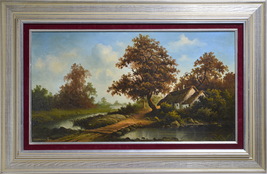 Scandinavian Autumn Landscape Country House by River at Sunset Vintage painting - £266.18 GBP