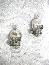 HUMAN CRANIUM SKULL w ROSE IN TEETH USA CAST PEWTER EARRINGS FULL PENDAN... - $17.99