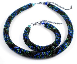 Black-Blue-Green Jewelery set: beaded Necklace and Bracelet, Handmade ropes - $35.00