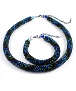 Black-Blue-Green Jewelery set: beaded Necklace and Bracelet, Handmade ropes - $47.46 CAD