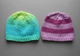  2 Hand-Made Knit Baby Hats-3 to 6 Months -1Blue/Green/Yellow &amp; 1 shades of Pink - £12.09 GBP