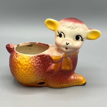 Vintage 1950s Shawnee 5&quot; Ceramic Baby Lamb/Sheep Planter Yellow &amp; Dark Pink - £15.79 GBP