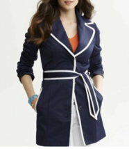 Banana Republic Trench Coat Navy White Ribbon Trim Belted Pocket Women s... - £36.26 GBP